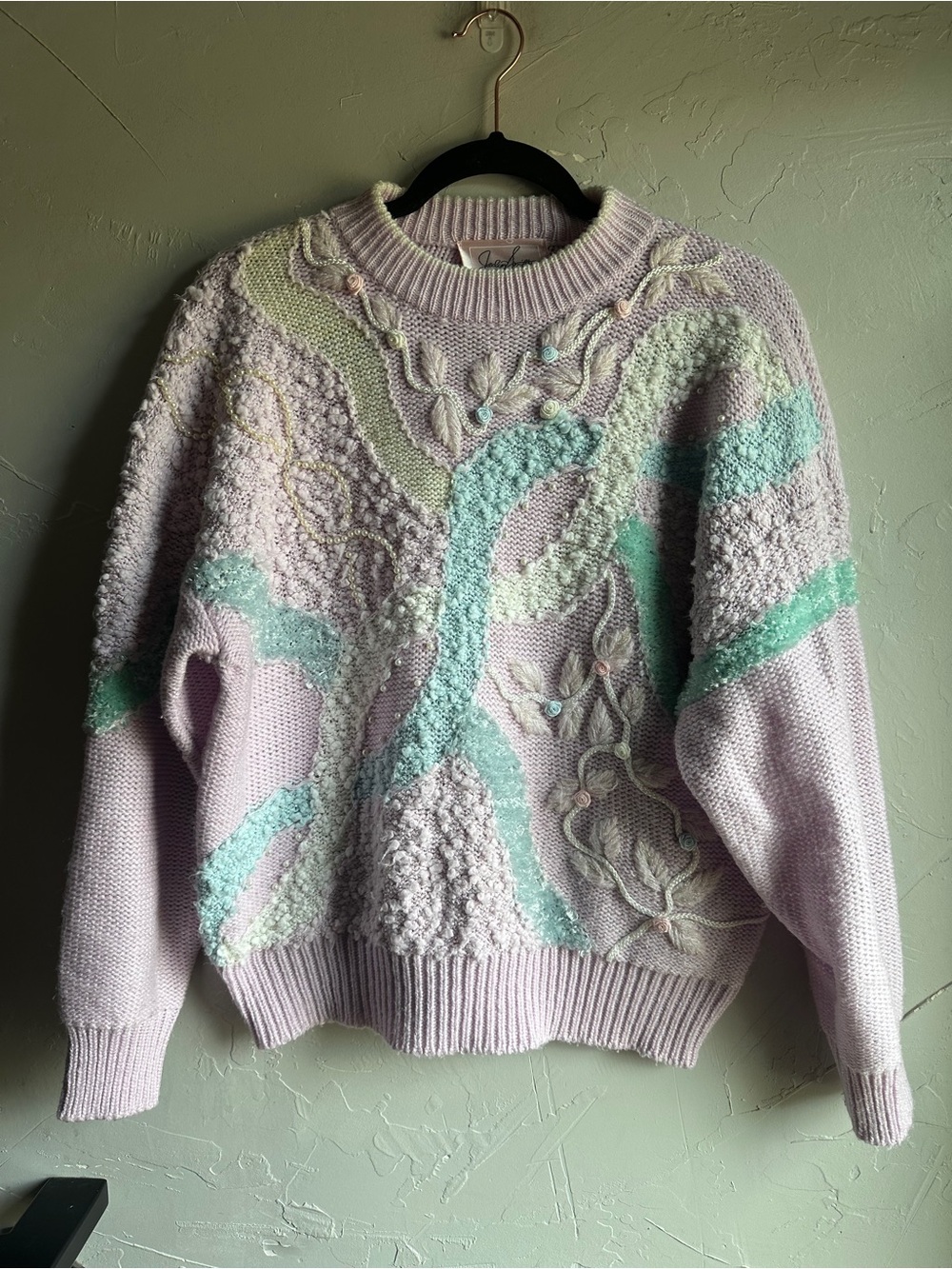 90s Pastel Sweater L Textured Pearl Floral Novelty Knit Vintage Jaclyn Smith L